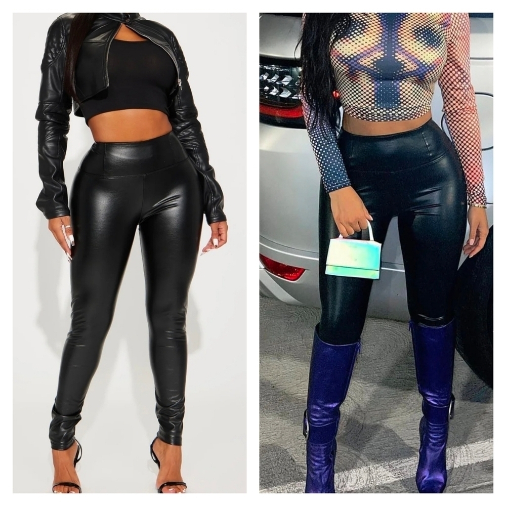 Stylish Black Faux Leather High Waisted Leggings - Picture 15 of 15